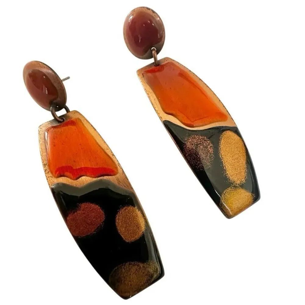 Vintage Modernist Copper Enamel Statement Earrings
